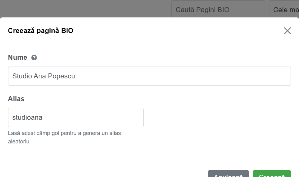Fereastra Creează pagină BIO cu numele și aliasul completate