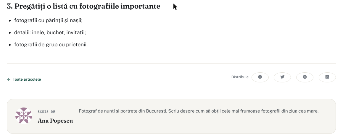 Finalul unui articol cu linkul Toate articolele, butoanele de distribuire și caseta Scris de