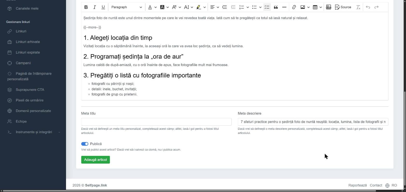 Editorul articolului, câmpurile Meta titlu și Meta descriere și opțiunea Publică