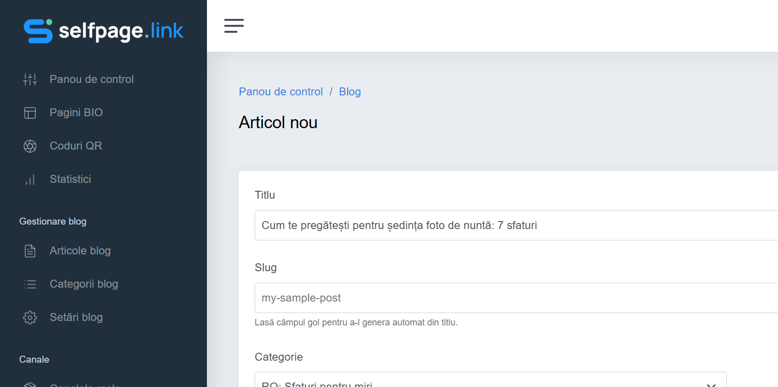 Formularul Articol nou cu titlul, slugul și categoria