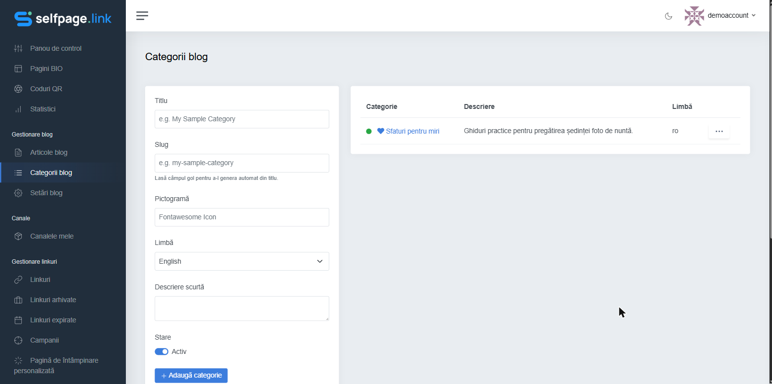 Lista categoriilor de blog cu o categorie activă