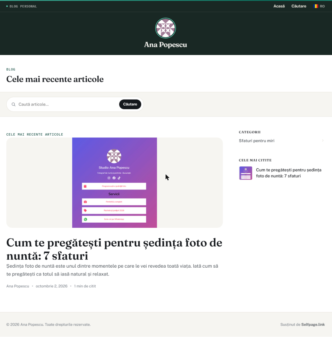 Pagina principală a blogului cu antetul autorului, căutarea, ultimul articol, categoriile și cele mai citite articole
