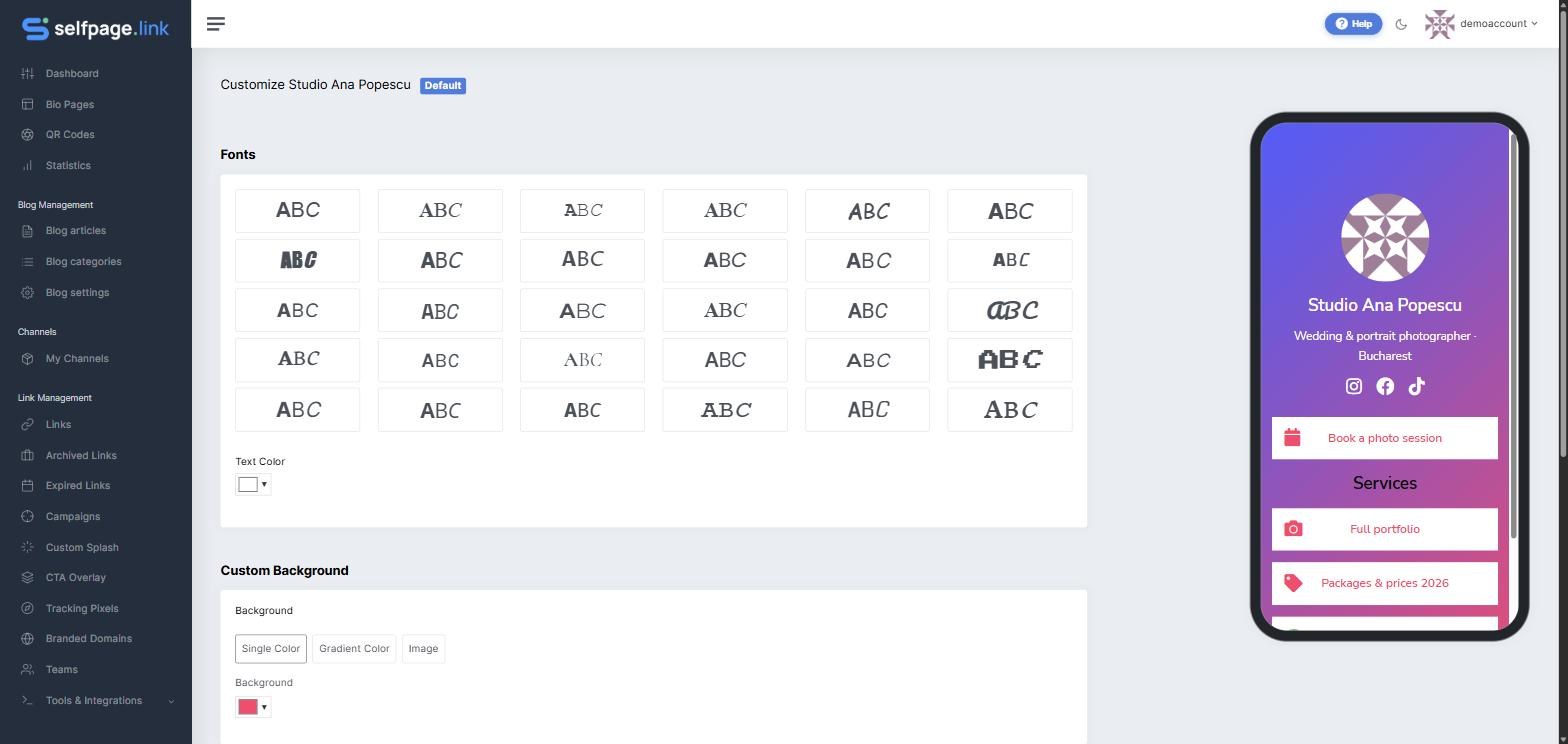 The Fonts, Text Color and Custom Background sections