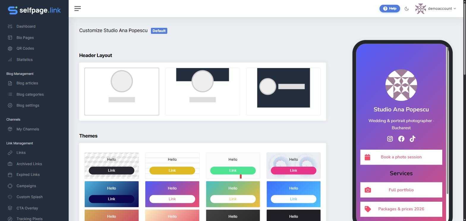 The Appearance tab with the header layout and the available themes