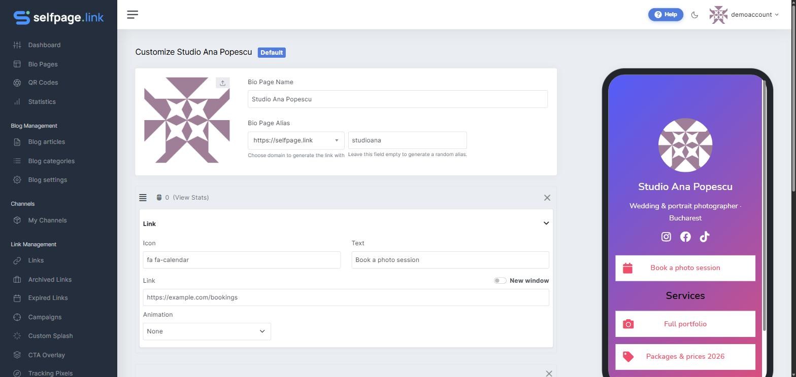 A filled-in Link block, with the preview updated on the right