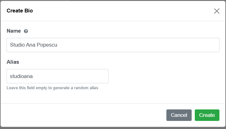 The Create Bio window with the name and alias filled in