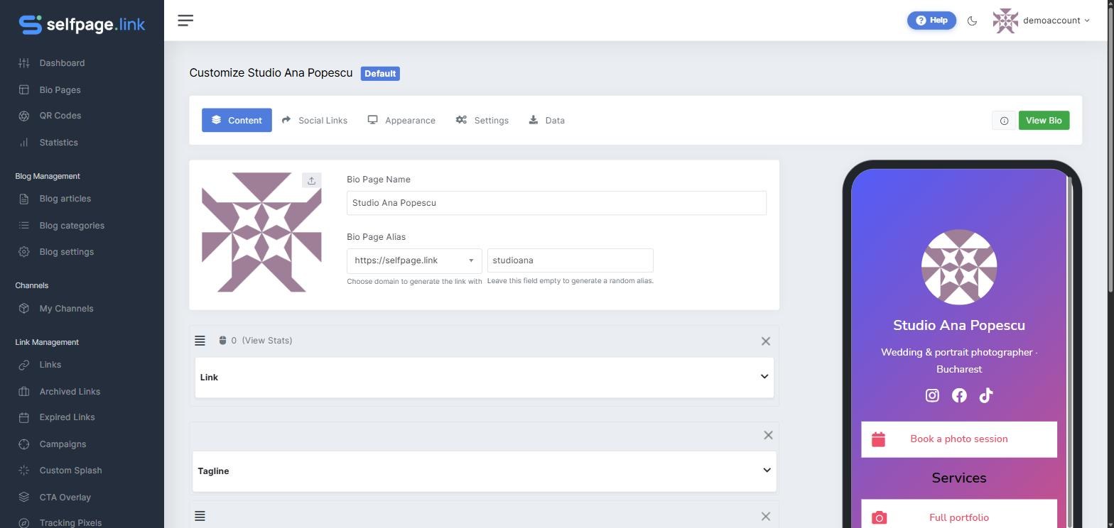 The bio page editor with the Content, Social Links, Appearance, Settings and Data tabs