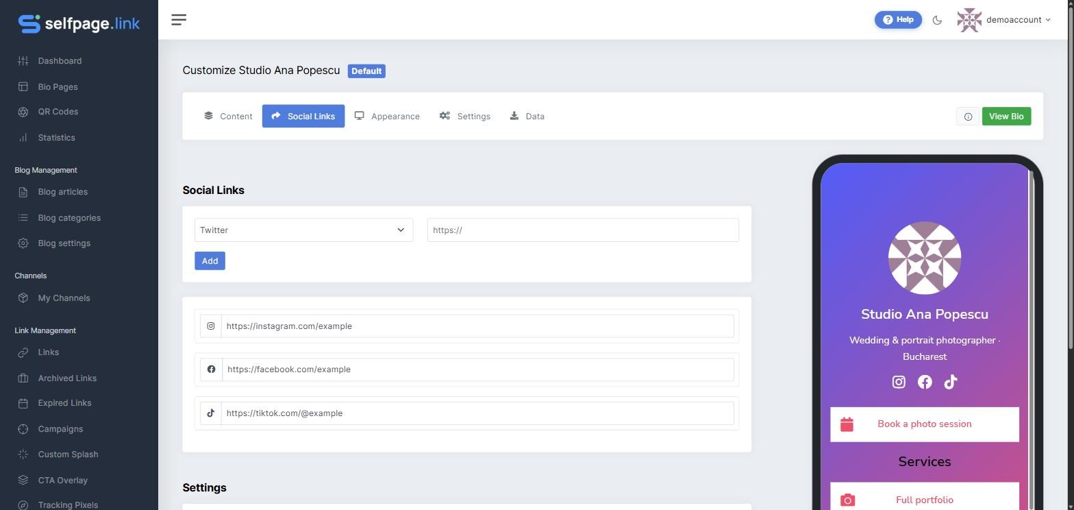 The Social Links tab with Instagram, Facebook and TikTok added