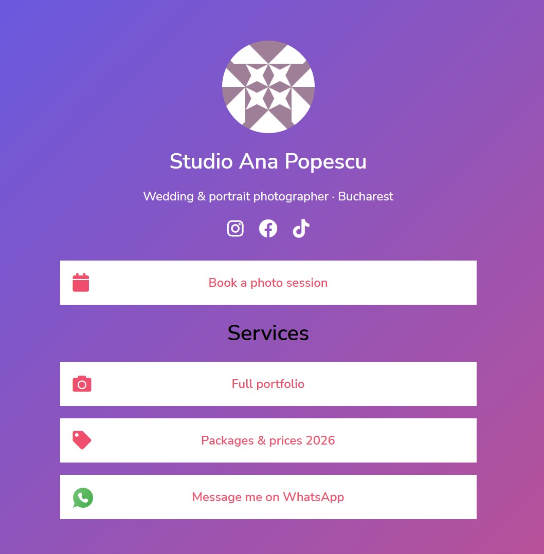 A finished link in bio page with photo, tagline, social icons and buttons