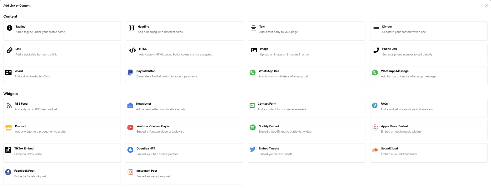 The Add Link or Content window with all block types