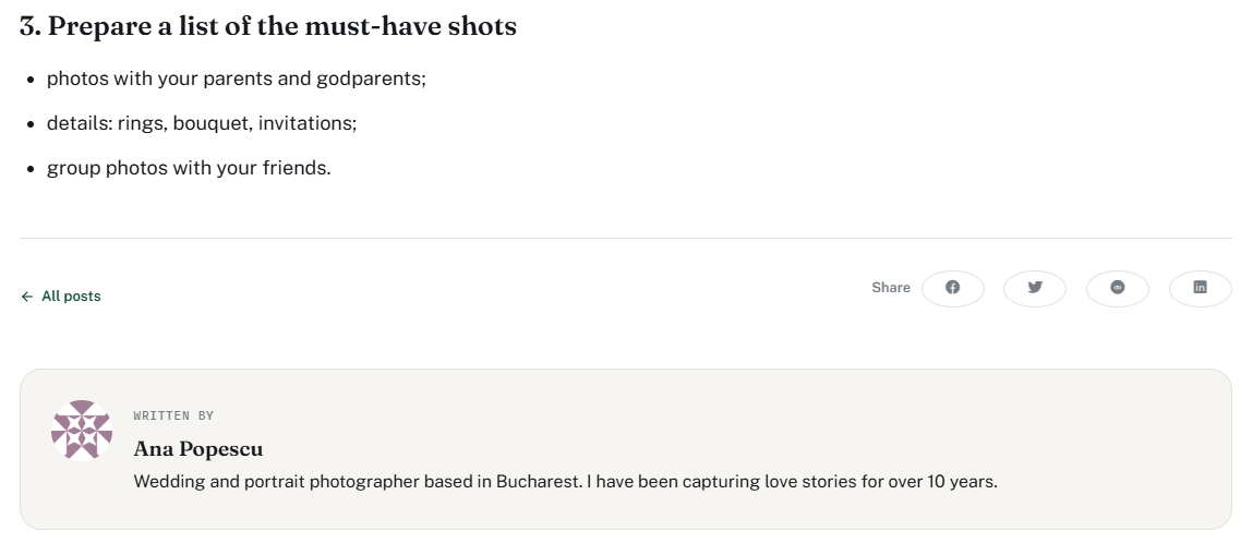 The end of an article with the All posts link, the share buttons and the Written by box