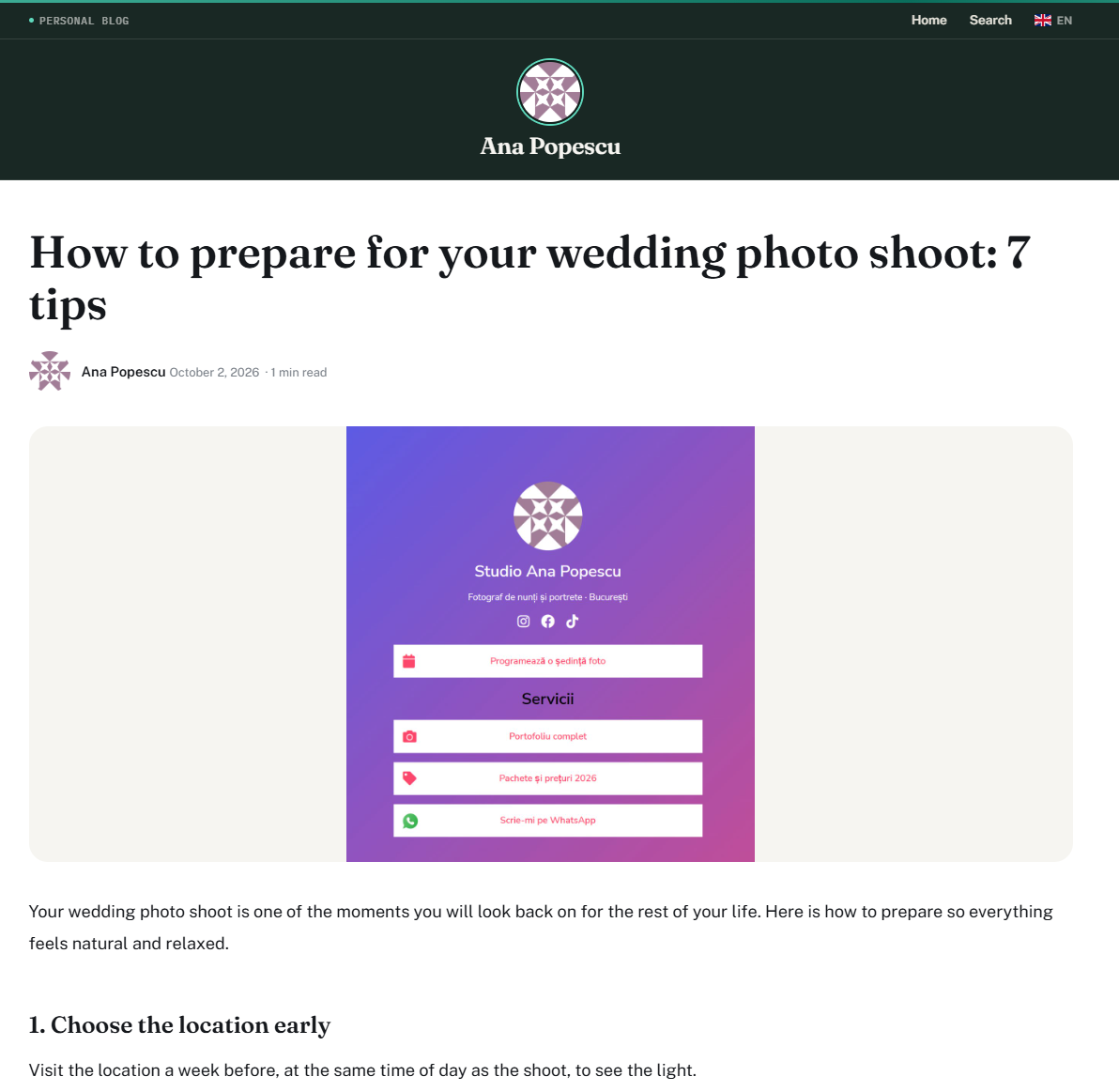 The public page of an article with the title, author, date, reading time and featured image
