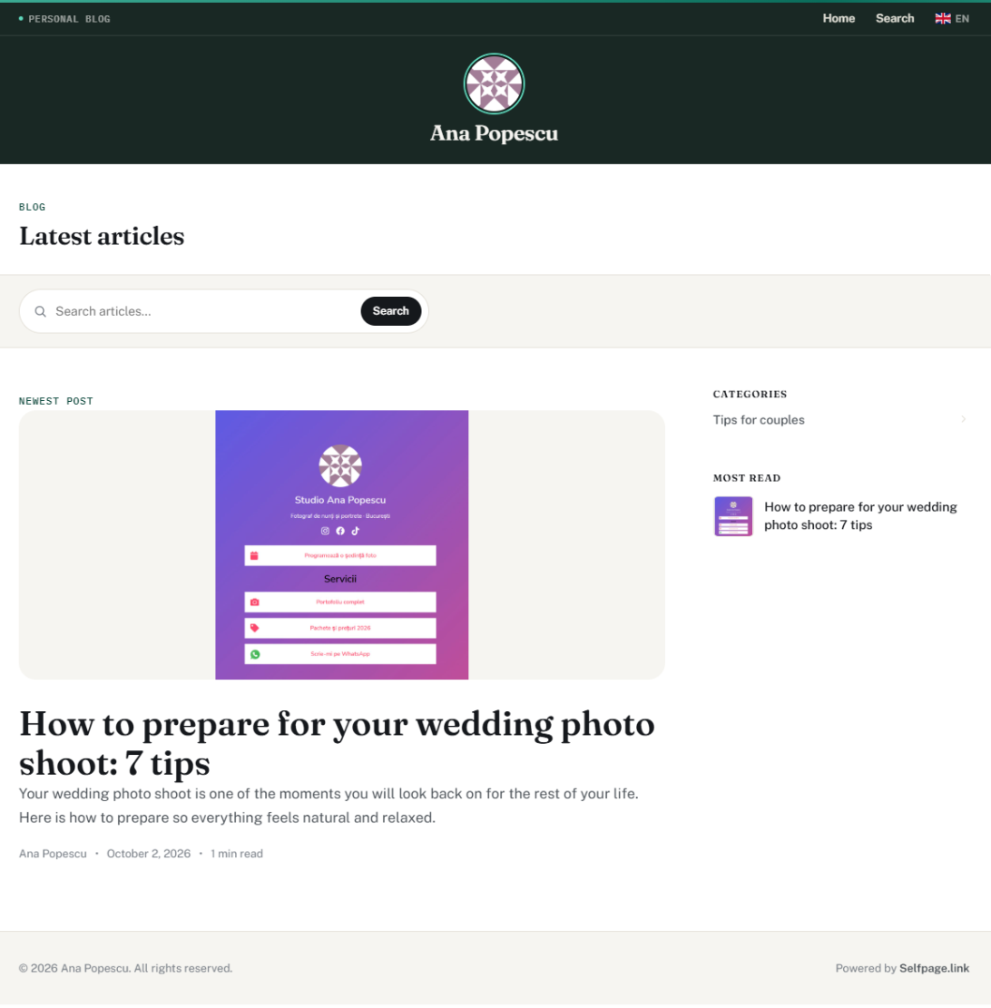 The blog home page with the author header, search, latest article, categories and most read articles