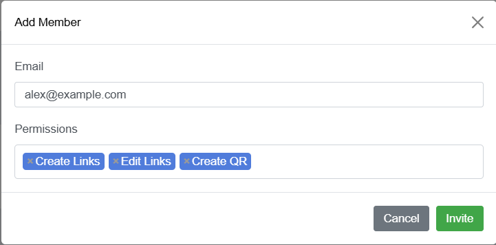The Add Member window with the email and permissions