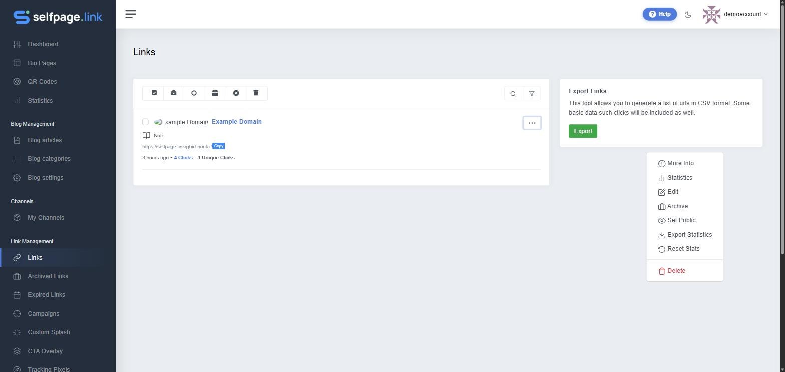 The link list with the toolbar and the actions menu open