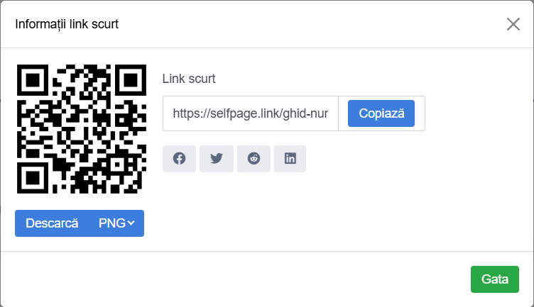 Fereastra Informații link scurt cu linkul, butonul Copiază și codul QR
