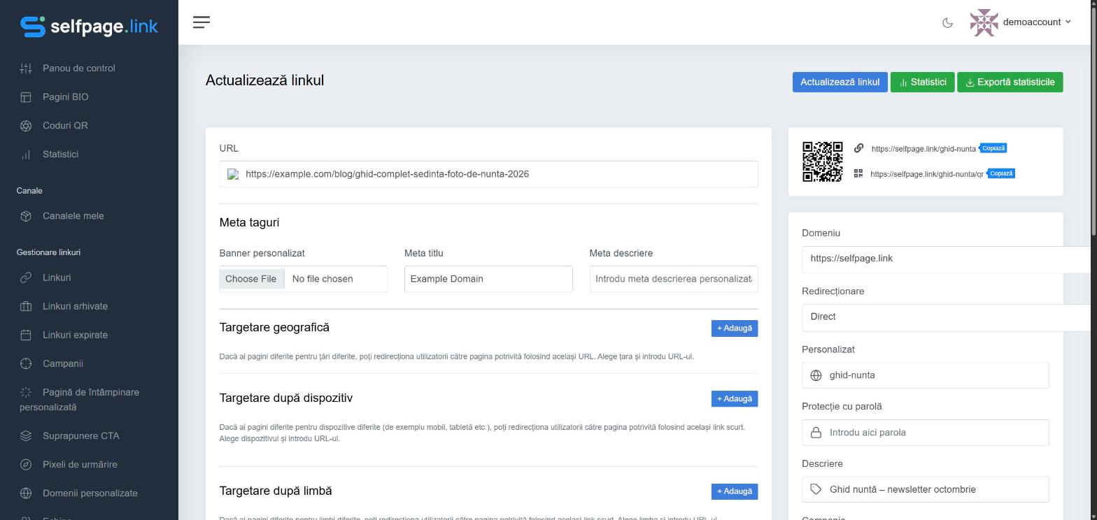 Pagina Actualizează linkul cu URL-ul, meta tagurile și setările din dreapta