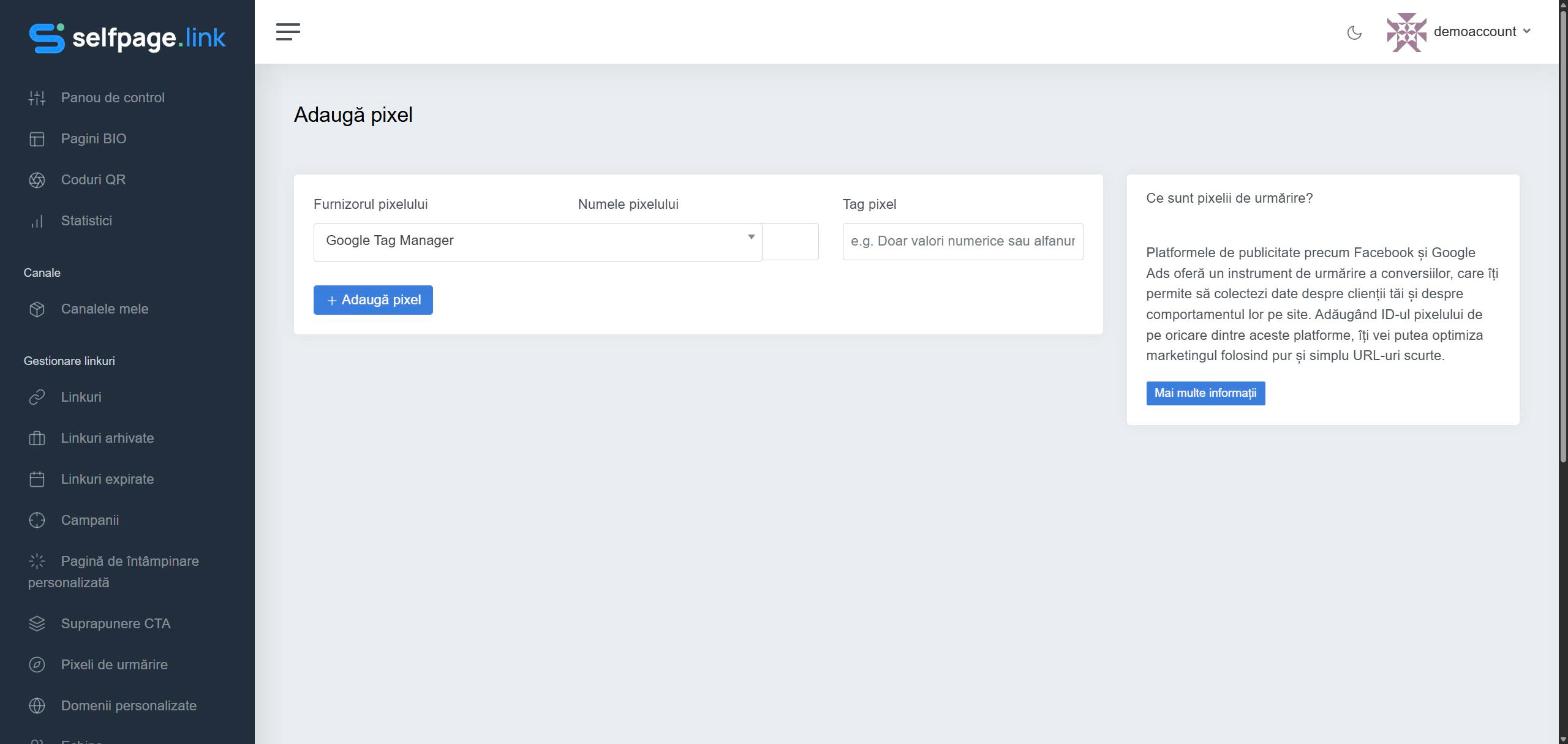 Formularul Adaugă pixel cu furnizorul, numele și tagul pixelului