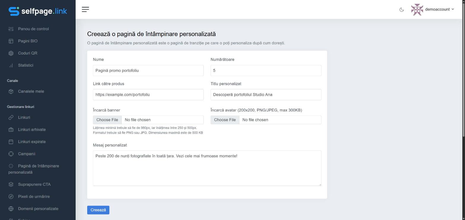 Formularul de creare a unei pagini de întâmpinare personalizate